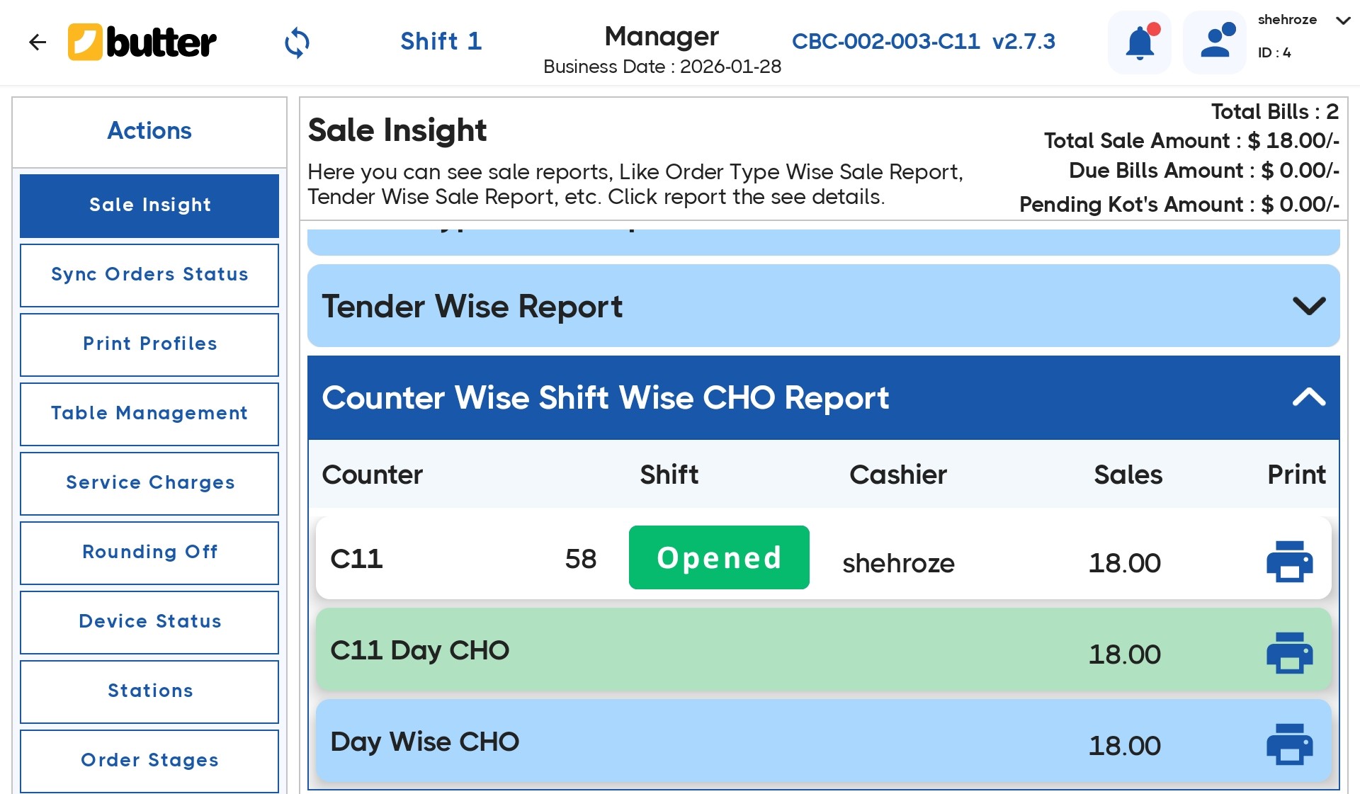 counter wise and shift wise reports