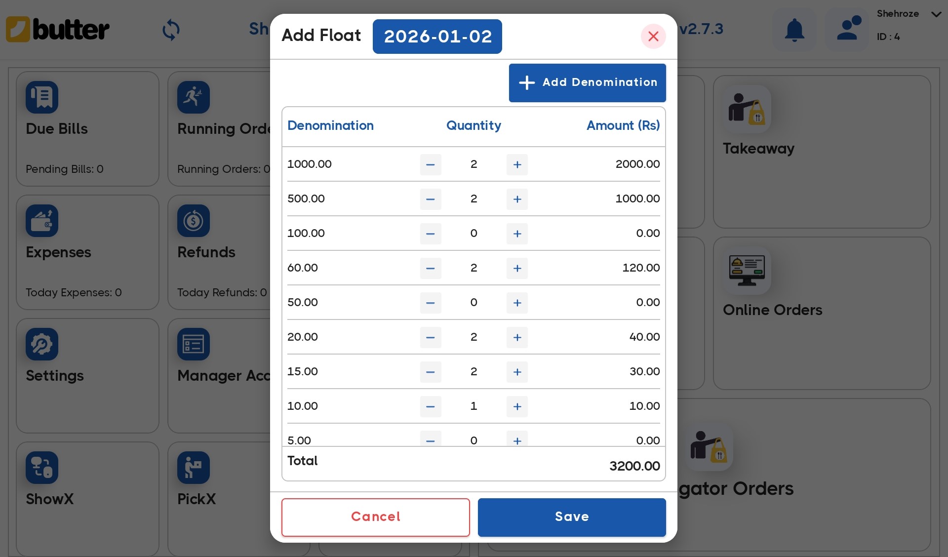 Float cash denominations