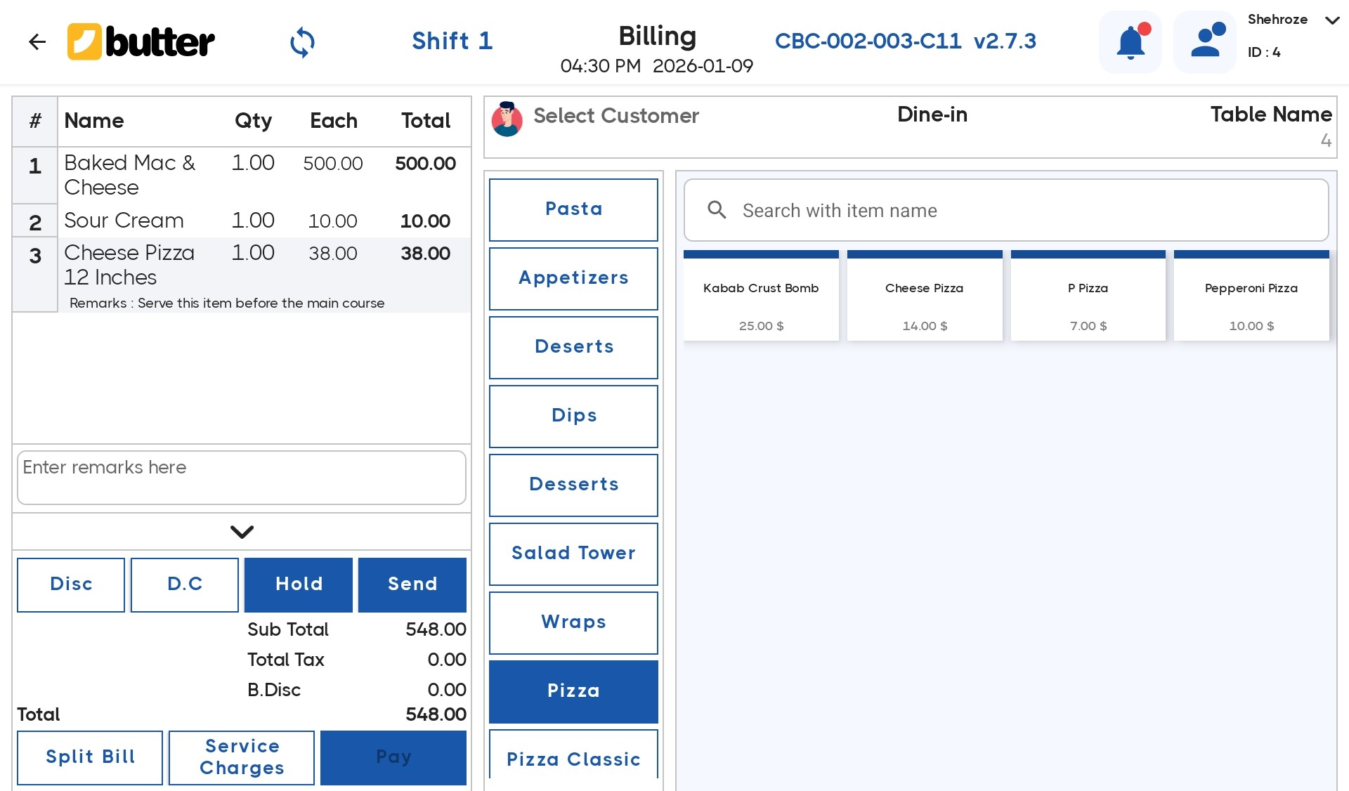 Remarks show on cart, KOT, final bill