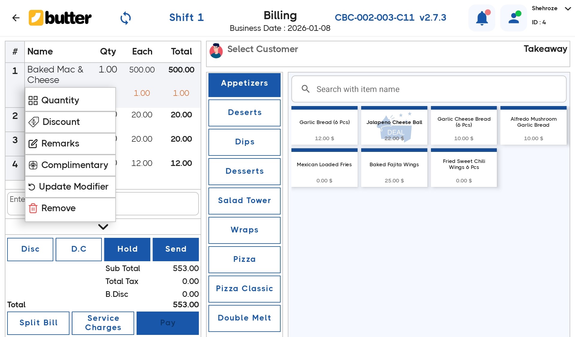 Add items in the cart
